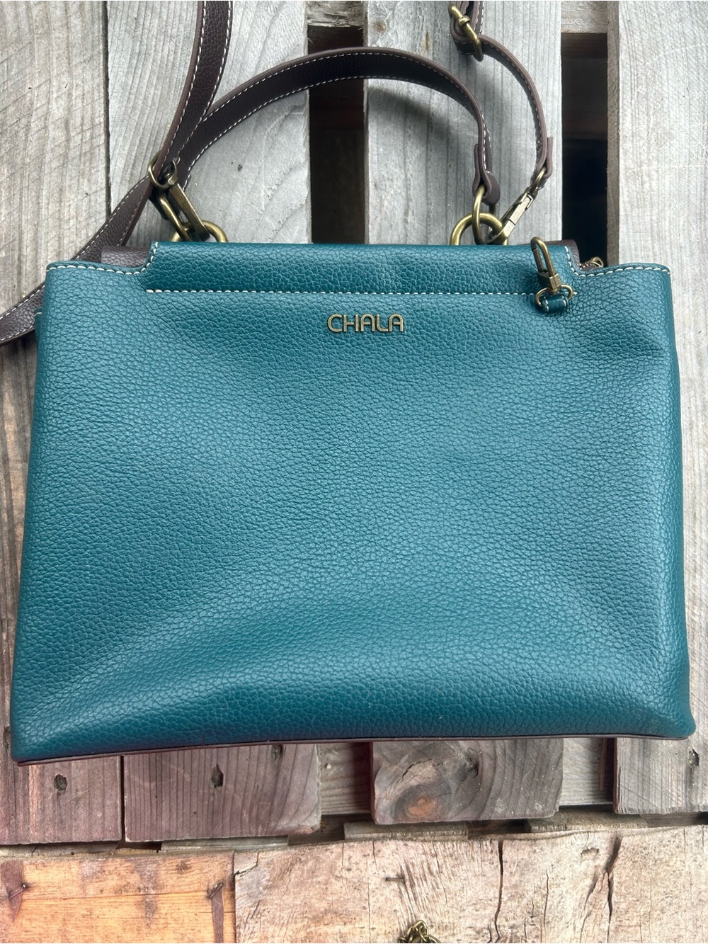 Chala Teal & Brown Pebbled Crossbody Satchel | Whipstitch Detail | Polka Dot Lin